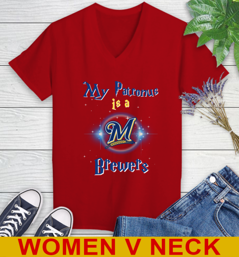 MLB Baseball Harry Potter My Patronus Is A Milwaukee Brewers Women's V-Neck T-Shirt 10