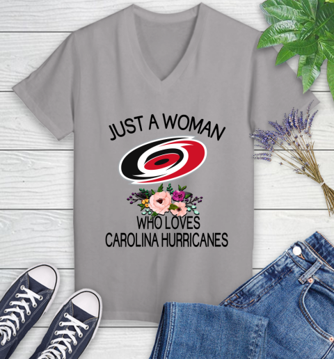NHL Just A Woman Who Loves Carolina Hurricanes Hockey Sports Women's V-Neck T-Shirt 2
