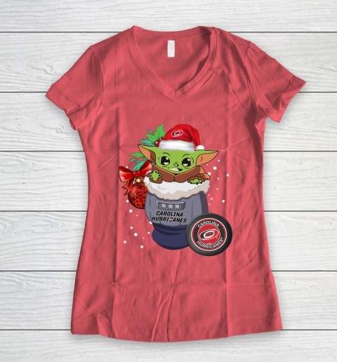 Carolina Hurricanes Christmas Baby Yoda Star Wars Funny Happy NHL Women's V-Neck T-Shirt 6