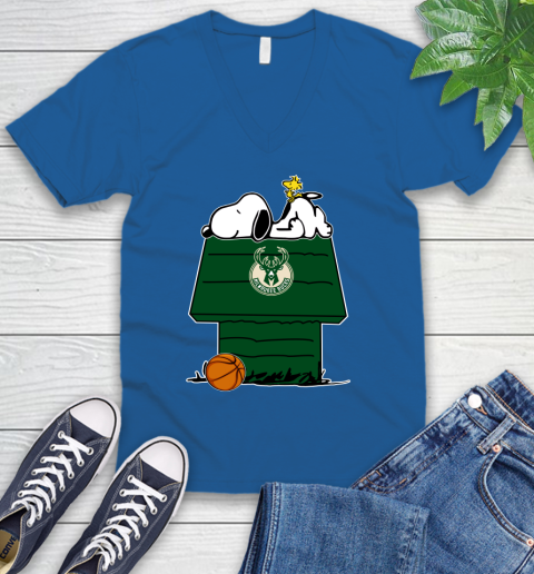 Milwaukee Bucks NBA Basketball Snoopy Woodstock The Peanuts Movie V-Neck T-Shirt 6