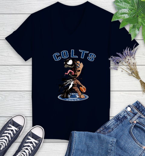 NFL Indianapolis Colts Football Venom Groot Guardians Of The Galaxy Women's V-Neck T-Shirt 3