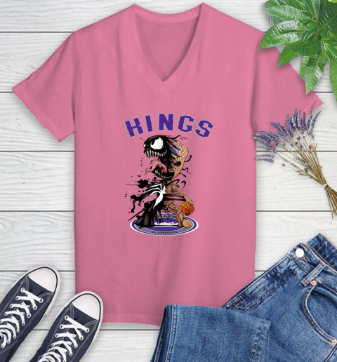 NBA Sacramento Kings Basketball Venom Groot Guardians Of The Galaxy Women's V-Neck T-Shirt 13