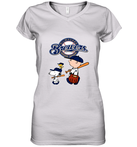 Milwaukee Brewers Let's Play Baseball Together Snoopy MLB Women's V-Neck T-Shirt