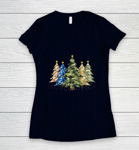 Camo Print Christmas Trees with Camouflage Print Xmas Women's V-Neck T-Shirt 2