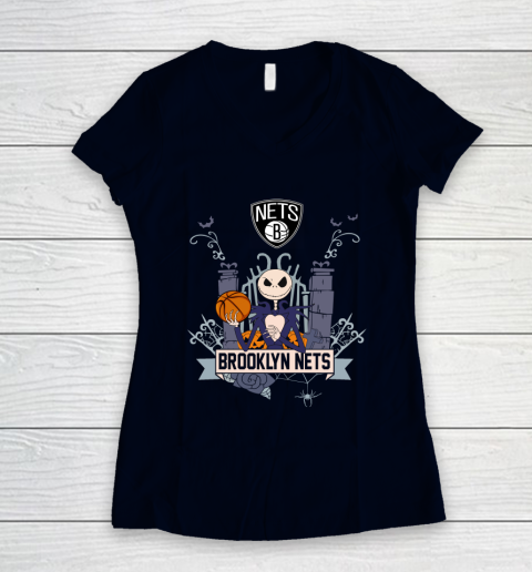 NBA Brooklyn Nets Basketball Jack Skellington Halloween Women's V-Neck T-Shirt 2