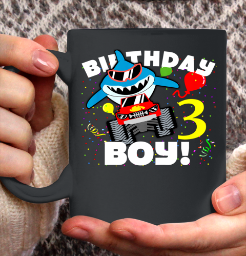 Kids 3 Year Old 3rd Shark Monster Truck Birthday Party For Boys Ceramic Mug 11oz