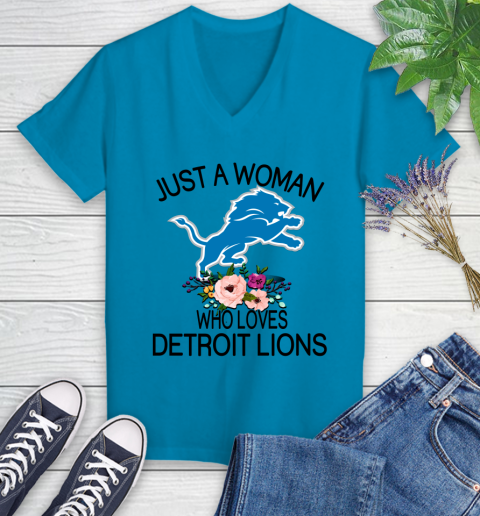 NFL Just A Woman Who Loves Detroit Lions Football Sports Women's V-Neck T-Shirt 4