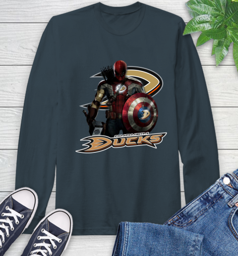NHL Captain America Thor Spider Man Hawkeye Avengers Endgame Hockey Anaheim Ducks Long Sleeve T-Shirt 8