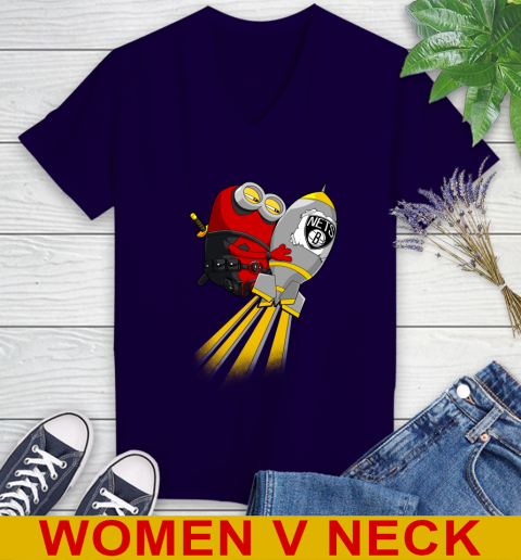 NBA Basketball Brooklyn Nets Deadpool Minion Marvel Shirt Women's V-Neck T-Shirt 3