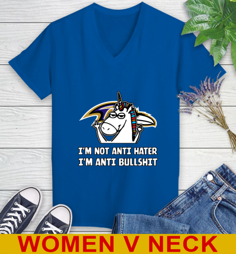 Baltimore Ravens NFL Football Unicorn I'm Not Anti Hater I'm Anti Bullshit Women's V-Neck T-Shirt 11