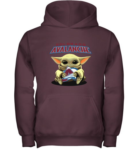 Baby Yoda Hugs The Colorado Avalanche Ice Hockey Youth Hoodie
