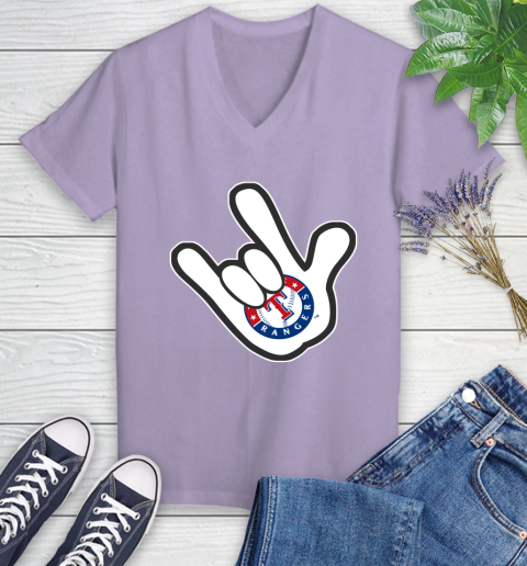 Texas Rangers MLB Baseball Mickey Rock Hand Disney Women's V-Neck T-Shirt 14
