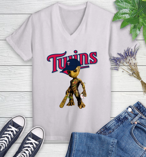 MLB Minnesota Twins Groot Guardians Of The Galaxy Baseball Women's V-Neck T-Shirt