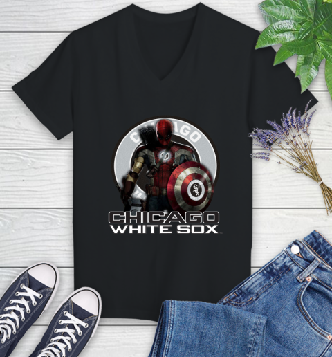 MLB Captain America Thor Spider Man Hawkeye Avengers Endgame Baseball Chicago White Sox Women's V-Neck T-Shirt 2