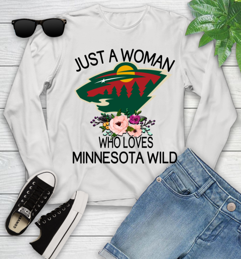 NHL Just A Woman Who Loves Minnesota Wild Hockey Sports Youth Long Sleeve