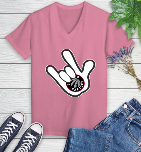 Toronto Raptors NBA Basketball Mickey Rock Hand Disney Women's V-Neck T-Shirt 13