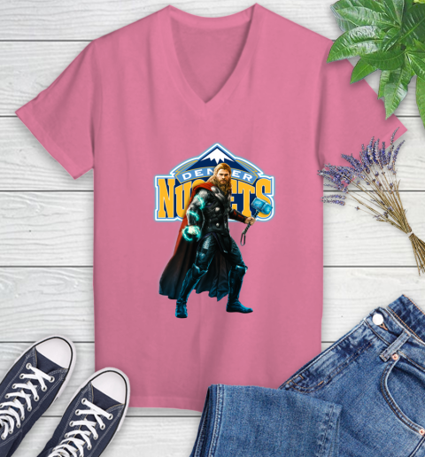 NBA Thor Avengers Endgame Basketball Denver Nuggets Women's V-Neck T-Shirt 13