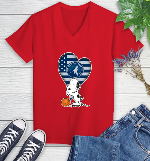 Minnesota Timberwolves NBA Basketball The Peanuts Movie Adorable Snoopy Women's V-Neck T-Shirt 12