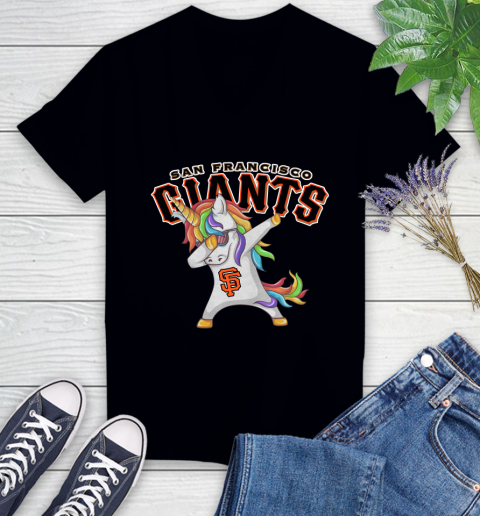 San Francisco Giants MLB Baseball Funny Unicorn Dabbing Sports Women's V-Neck T-Shirt 2