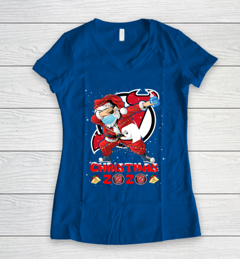 New Jersey Devils Funny Santa Claus Dabbing Christmas 2020 NHL Women's V-Neck T-Shirt 7
