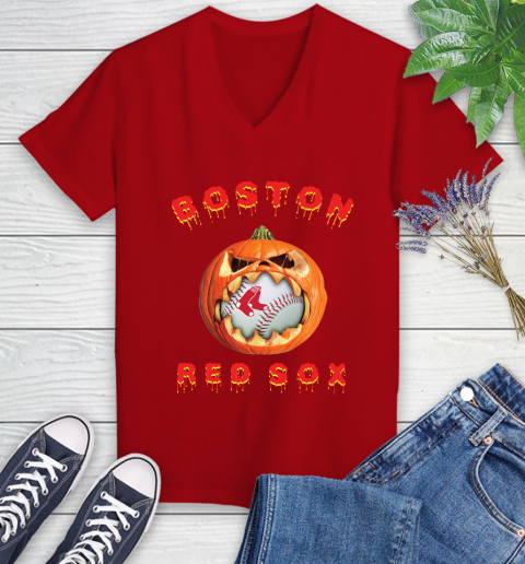 MLB Boston Red Sox Halloween Pumpkin Baseball Sports Women's V-Neck T-Shirt 12