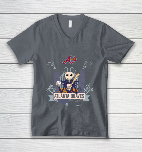MLB Atlanta Braves Baseball Jack Skellington Halloween V-Neck T-Shirt 4