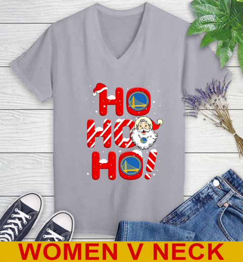 Golden State Warriors NBA Basketball Ho Ho Ho Santa Claus Merry Christmas Shirt Women's V-Neck T-Shirt 4