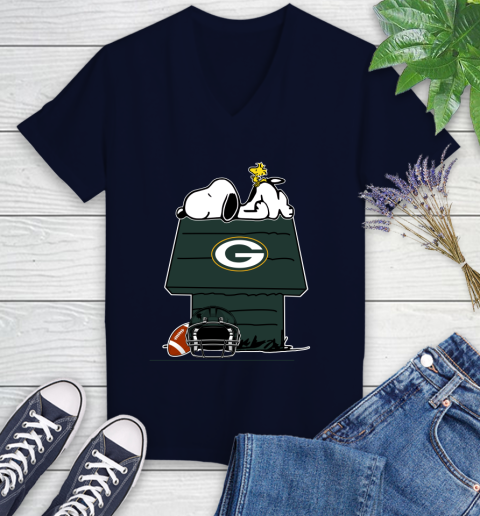 Green Bay Packers NFL Football Snoopy Woodstock The Peanuts Movie Women's V-Neck T-Shirt 3