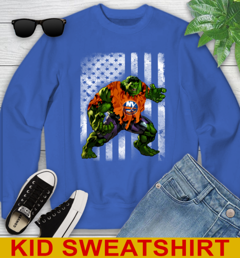 New York Islanders Hulk Marvel Avengers NHL Hockey American Flag Youth Sweatshirt 6