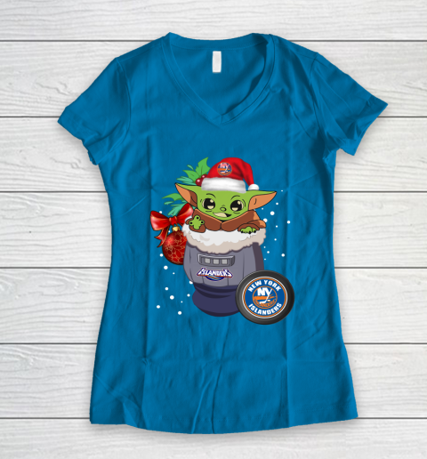 New York Islanders Christmas Baby Yoda Star Wars Funny Happy NHL Women's V-Neck T-Shirt 7