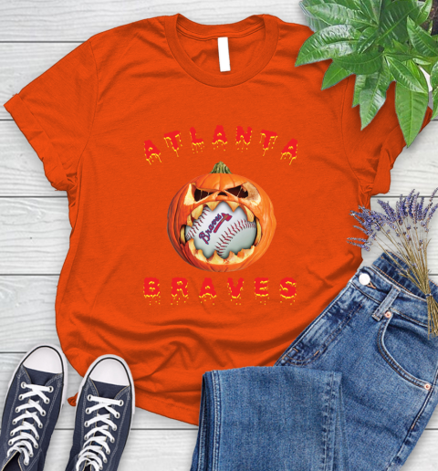 MLB Atlanta Braves Halloween Pumpkin Baseball Sports Women's T-Shirt 4