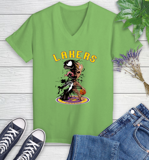 NBA Los Angeles Lakers Basketball Venom Groot Guardians Of The Galaxy Women's V-Neck T-Shirt 11