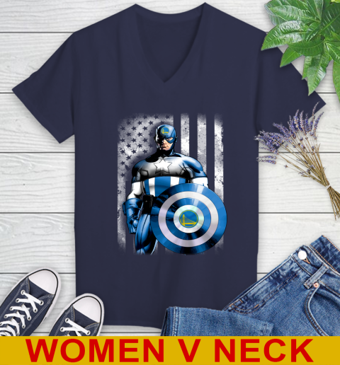 Golden State Warriors NBA Basketball Captain America Marvel Avengers American Flag Shirt Women's V-Neck T-Shirt 12