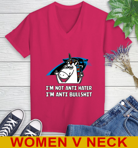 Carolina Panthers NFL Football Unicorn I'm Not Anti Hater I'm Anti Bullshit Women's V-Neck T-Shirt 10