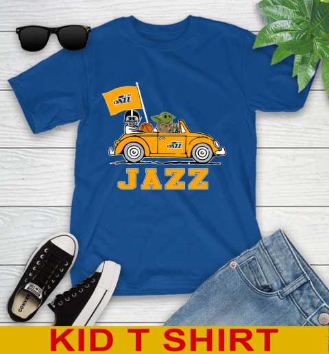 NBA Basketball Utah Jazz Darth Vader Baby Yoda Driving Star Wars Shirt Youth T-Shirt 9