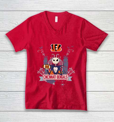 NFL Cincinnati Bengals Football Jack Skellington Halloween V-Neck T-Shirt 6