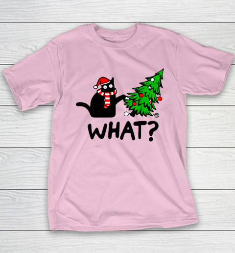 Funny Black Cat Gift Pushing Christmas Tree Over Cat What Youth T-Shirt 6