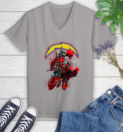 NFL Deadpool Marvel Comics Sports Football Los Angeles Chargers Women's V-Neck T-Shirt 4