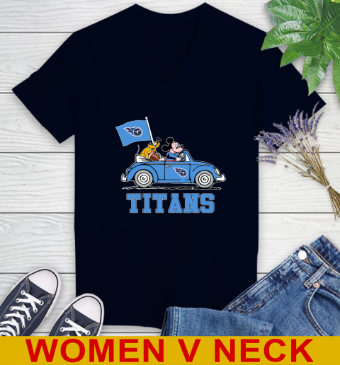 NFL Football Tennessee Titans Pluto Mickey Driving Disney Shirt Women's V-Neck T-Shirt 3