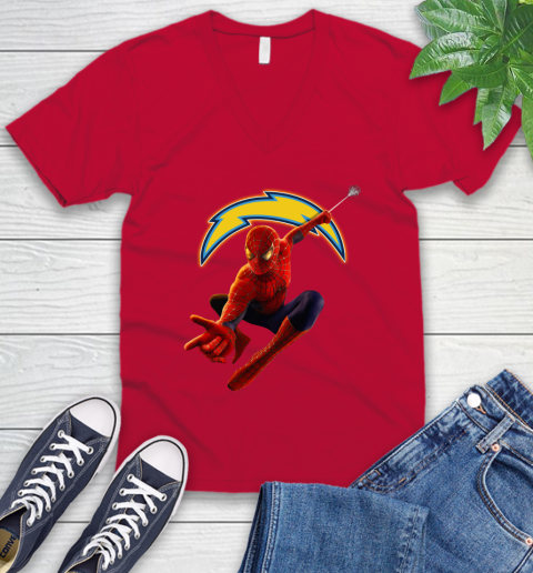 NFL Spider Man Avengers Endgame Football Los Angeles Chargers V-Neck T-Shirt 8 NFL Spider Man Avengers Endgame Football Los Angeles Chargers V-Neck T-Shirt - Image 8