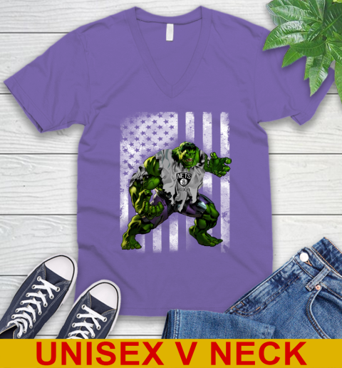 Brooklyn Nets Hulk Marvel Avengers NBA Basketball American Flag V-Neck T-Shirt 8
