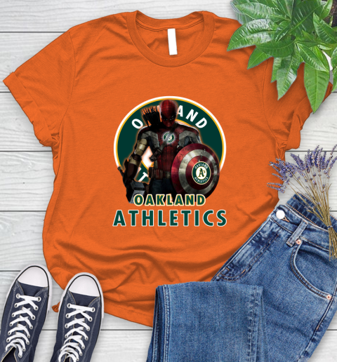 MLB Captain America Thor Spider Man Hawkeye Avengers Endgame Baseball Oakland Athletics Women's T-Shirt 4