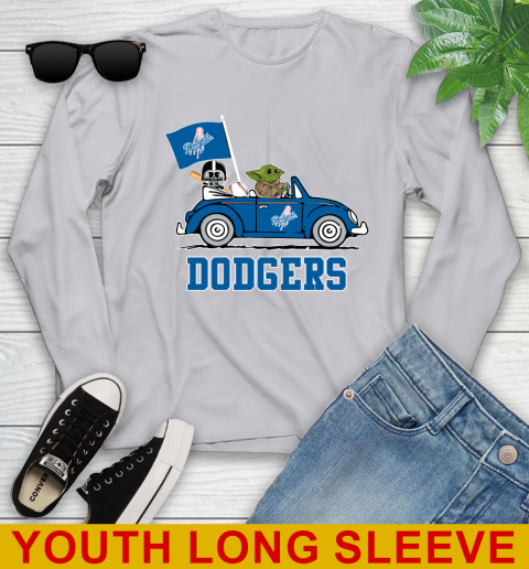 MLB Baseball Los Angeles Dodgers Darth Vader Baby Yoda Driving Star Wars Shirt Youth Long Sleeve - Image 7
