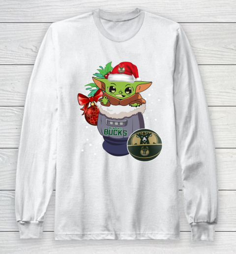 Milwaukee Bucks Christmas Baby Yoda Star Wars Funny Happy NBA Long Sleeve T-Shirt 2