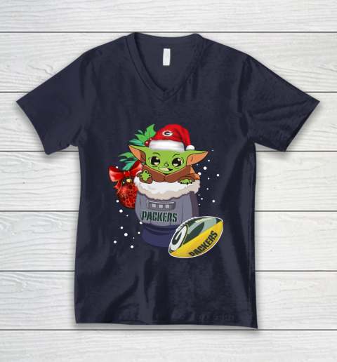 Green Bay Packers Christmas Baby Yoda Star Wars Funny Happy NFL V-Neck T-Shirt 3