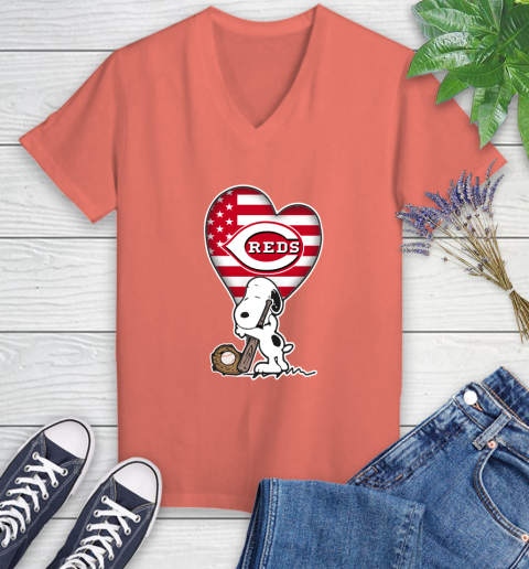 Cincinnati Reds MLB Baseball The Peanuts Movie Adorable Snoopy Women's V-Neck T-Shirt 6