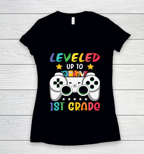 Back To School Shirt Leveled up to 1st grade Women's V-Neck T-Shirt