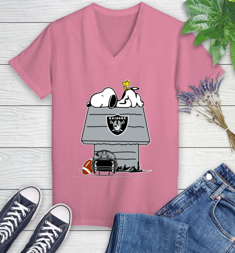 Oakland Raiders NFL Football Snoopy Woodstock The Peanuts Movie Women's V-Neck T-Shirt 13