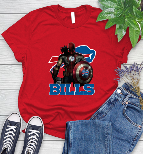 NFL Captain America Thor Spider Man Hawkeye Avengers Endgame Football Buffalo Bills Women's T-Shirt 9