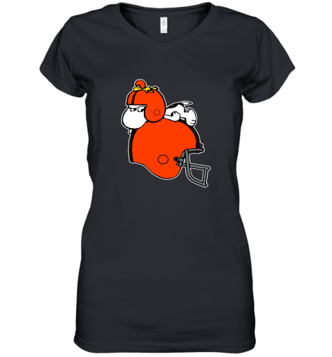 Snoopy And Woodstock Resting On Cleveland Browns Helmet Women's V-Neck T-Shirt